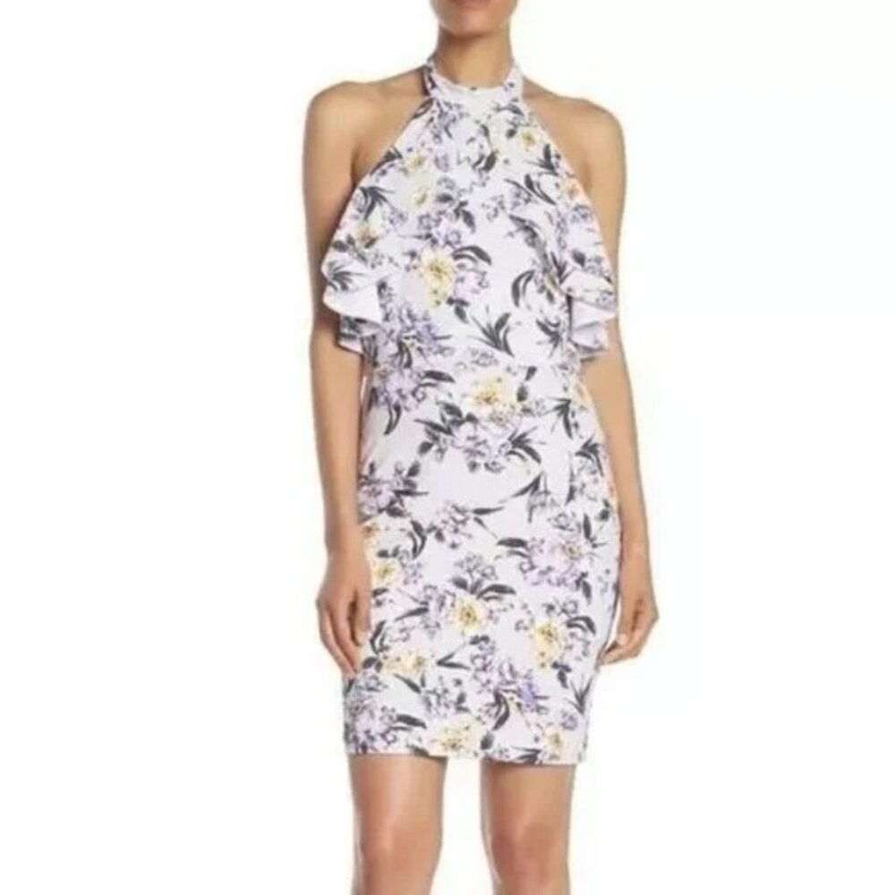 BEBE Dress 10 Lavender Stretch Floral Halter Tie Ruffle Summer Fairy NWT $129